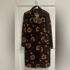 70s style long brown coat with flowers